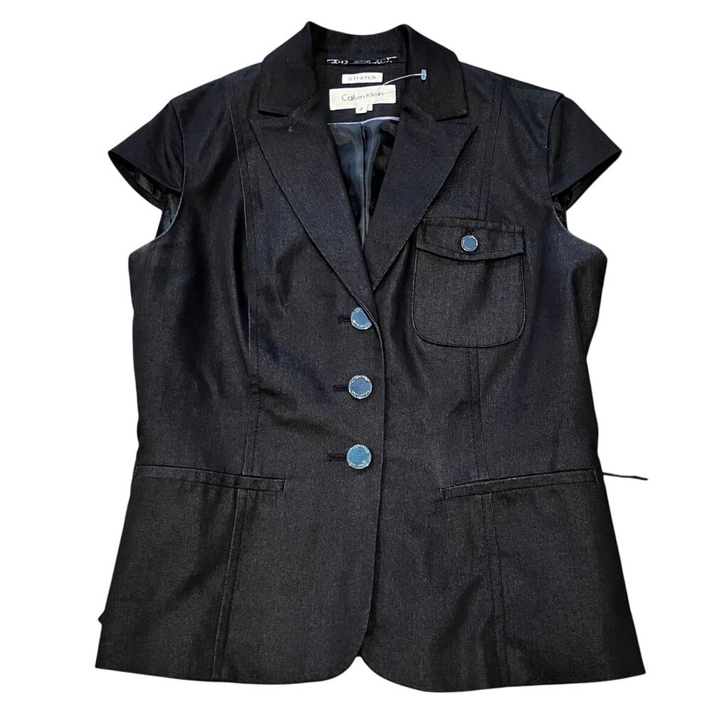 Calvin Klein Sz 2 Top Cap Sleep, Button Up Black Charcoal, Stretch Lined Blouse